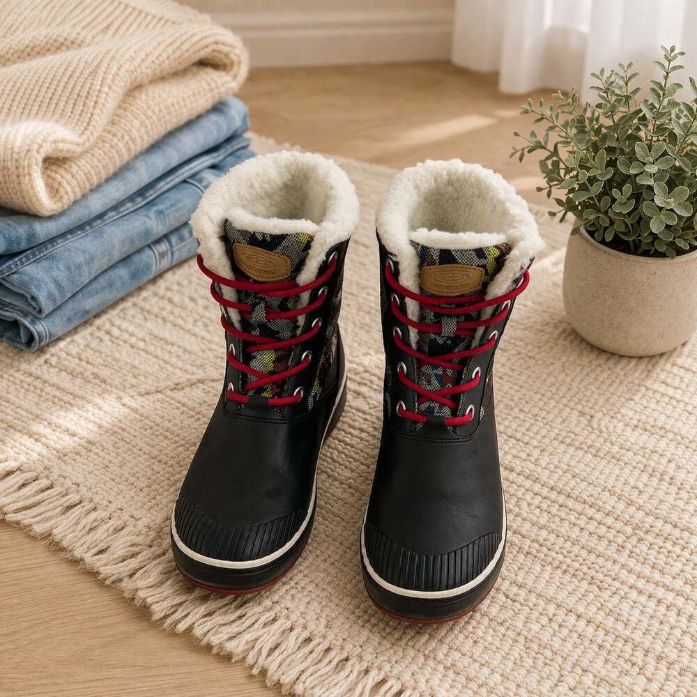 KEEN Elsa Waterproof Mid Winter Boots Women 10 Black Plaid Wool Snow Lace Up